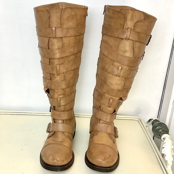 Torrid Buckle Moto Boots Size 8 Wide Tan Wide Calf Knee High Boot - Picture 9 of 14
